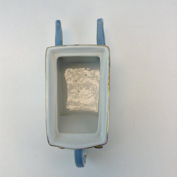 Vintage Shofu China Wheelbarrow Planter Blue/White Flowers w/Gold Made in Japan - Picture 6 of 15